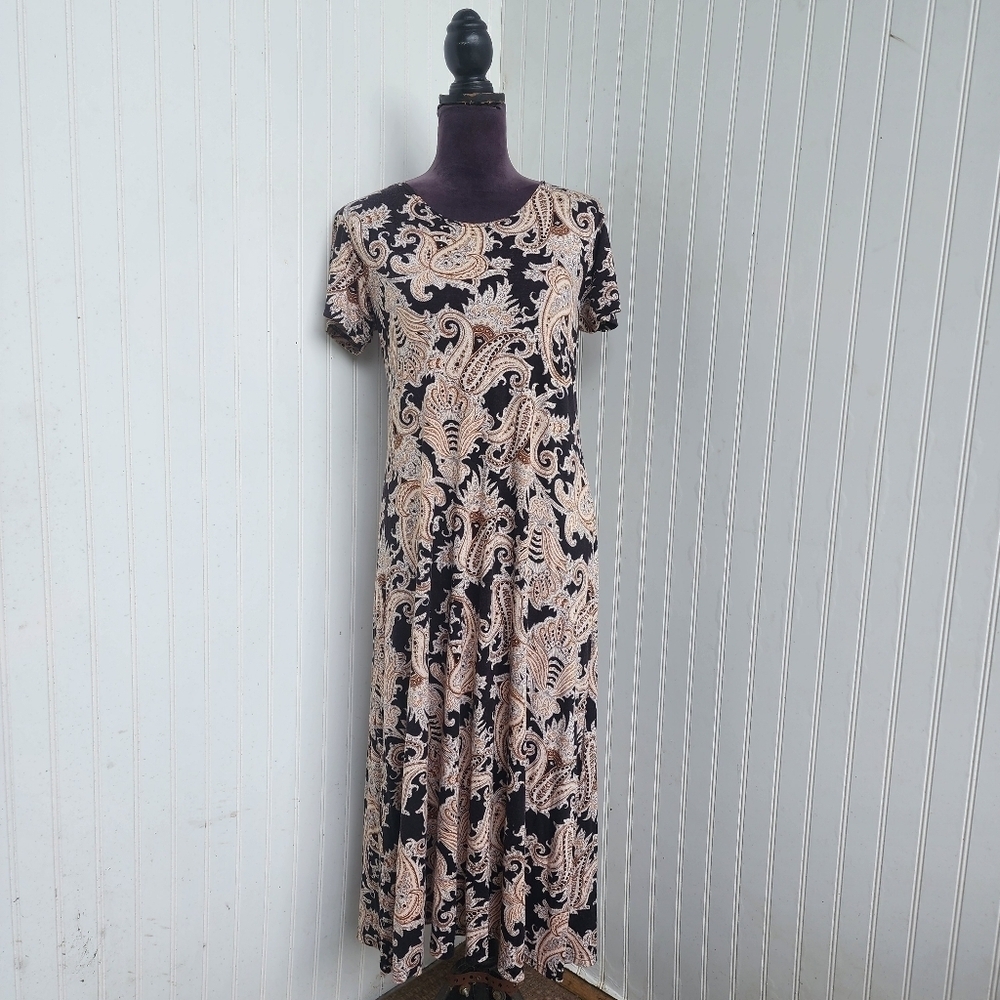 Impressions Workshop Womens Midi Dress Black Tan Paisley Floral Short Sleeve S